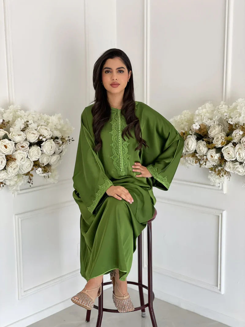 Siham Green Abaya – Elegant Moroccan Robe for Home & Gatherings