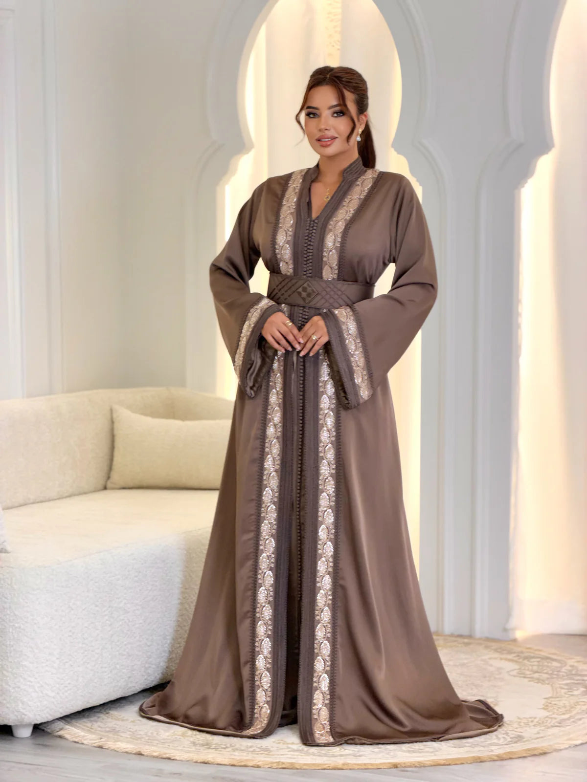 Warda Brown Takchita – Two-Piece Moroccan Ceremonial Dress – front view