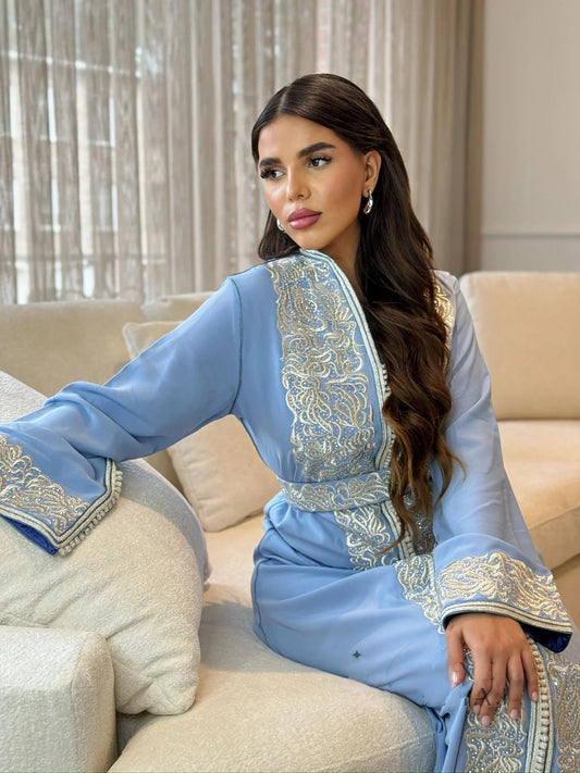 Samia Blauwe Kaftan – Handgemaakte Marokkaanse Jurk
