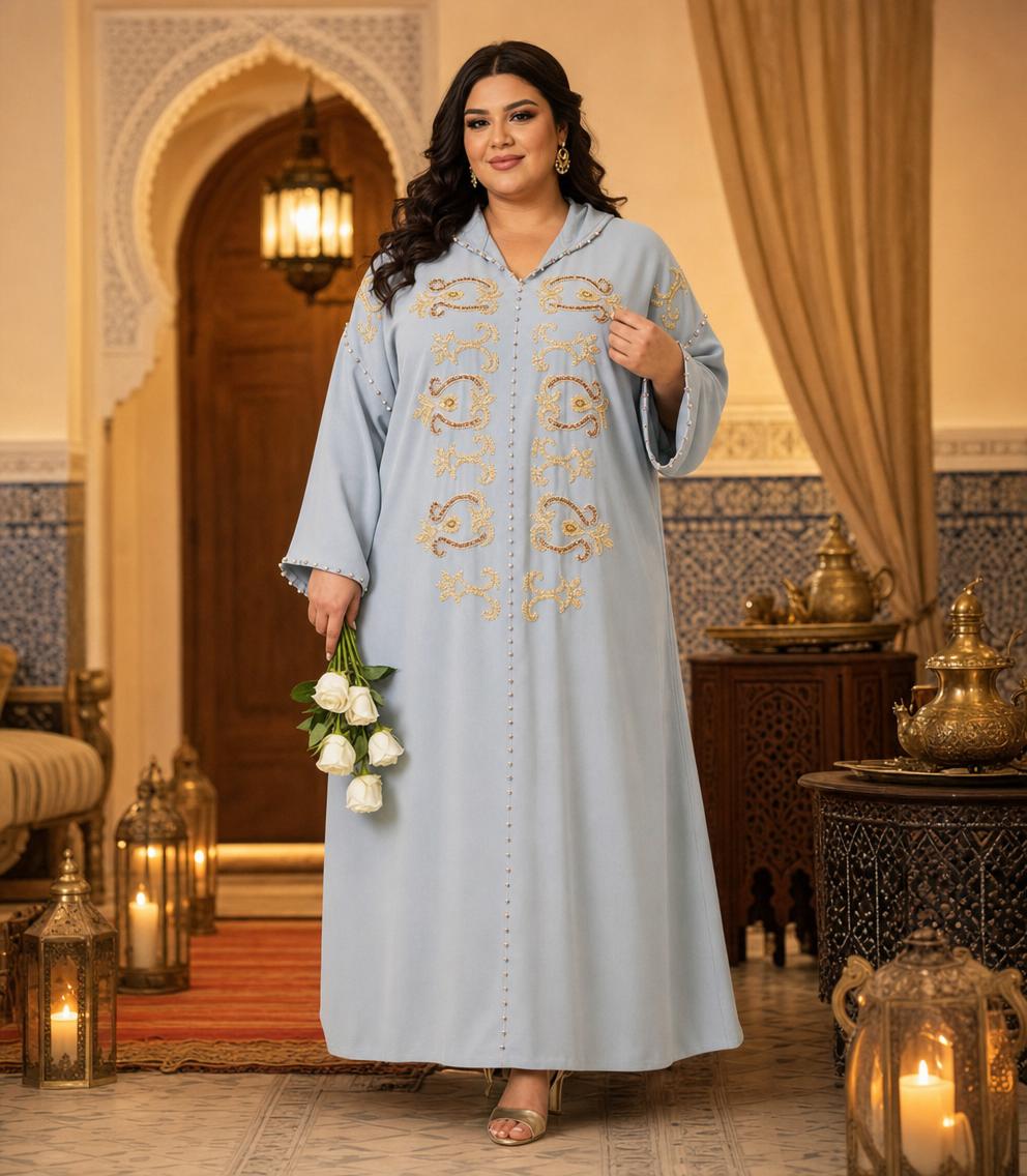 Fatima Grijze Djellaba - Casual Marokkaanse Tuniek voor Dagelijks Comfort — plus-size model