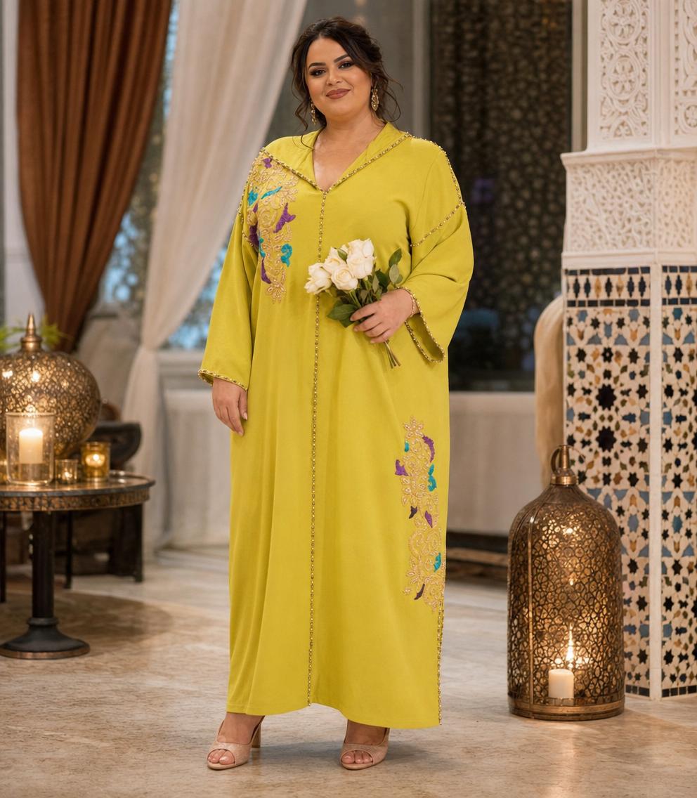 Rajae Gele Djellaba – Casual Marokkaanse Tuniek voor Dagelijks Comfort — plus-size model