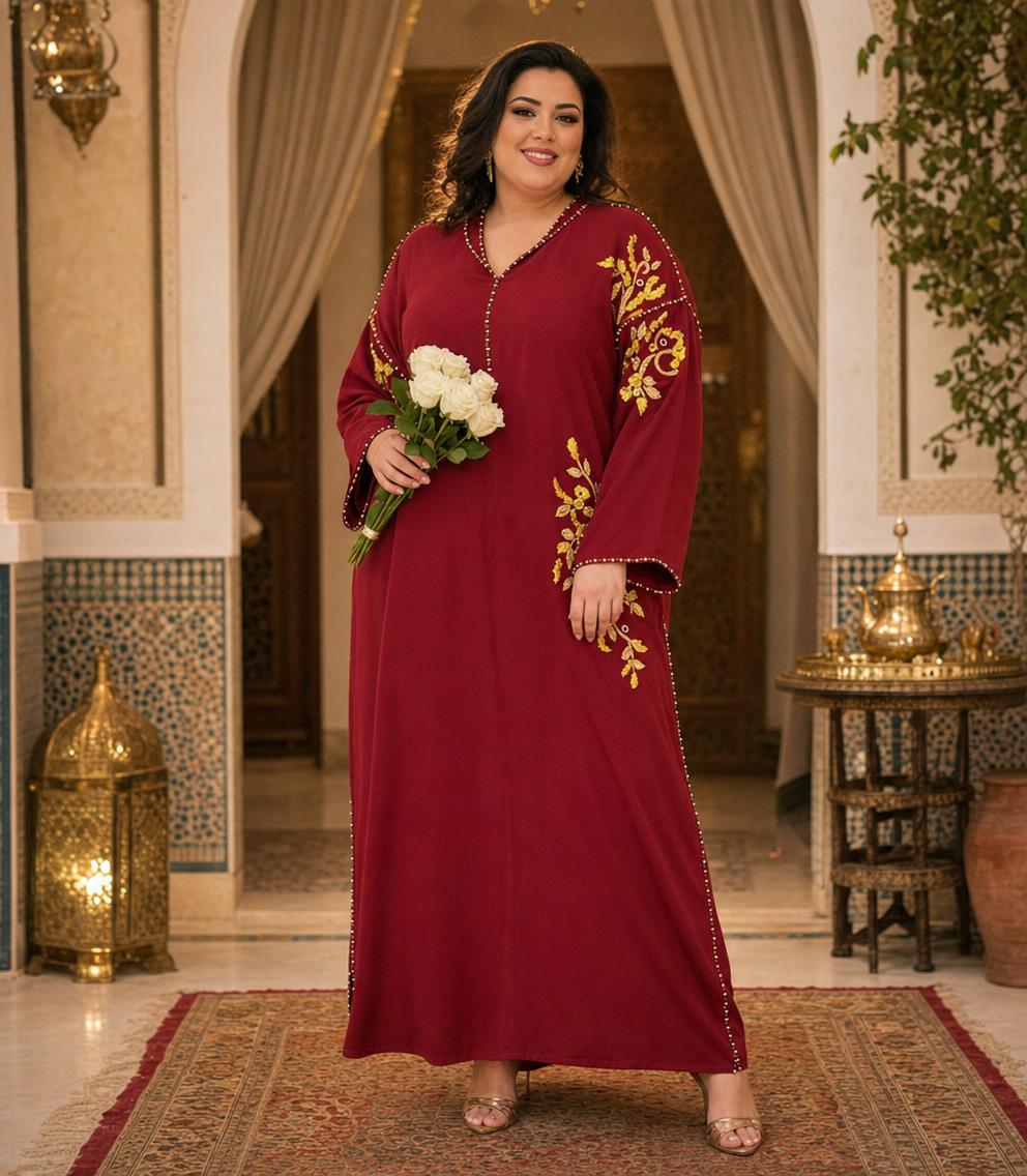 Souad Bourgondische Djellaba – Casual Marokkaanse Tuniek voor Dagelijks Comfort — plus-size model