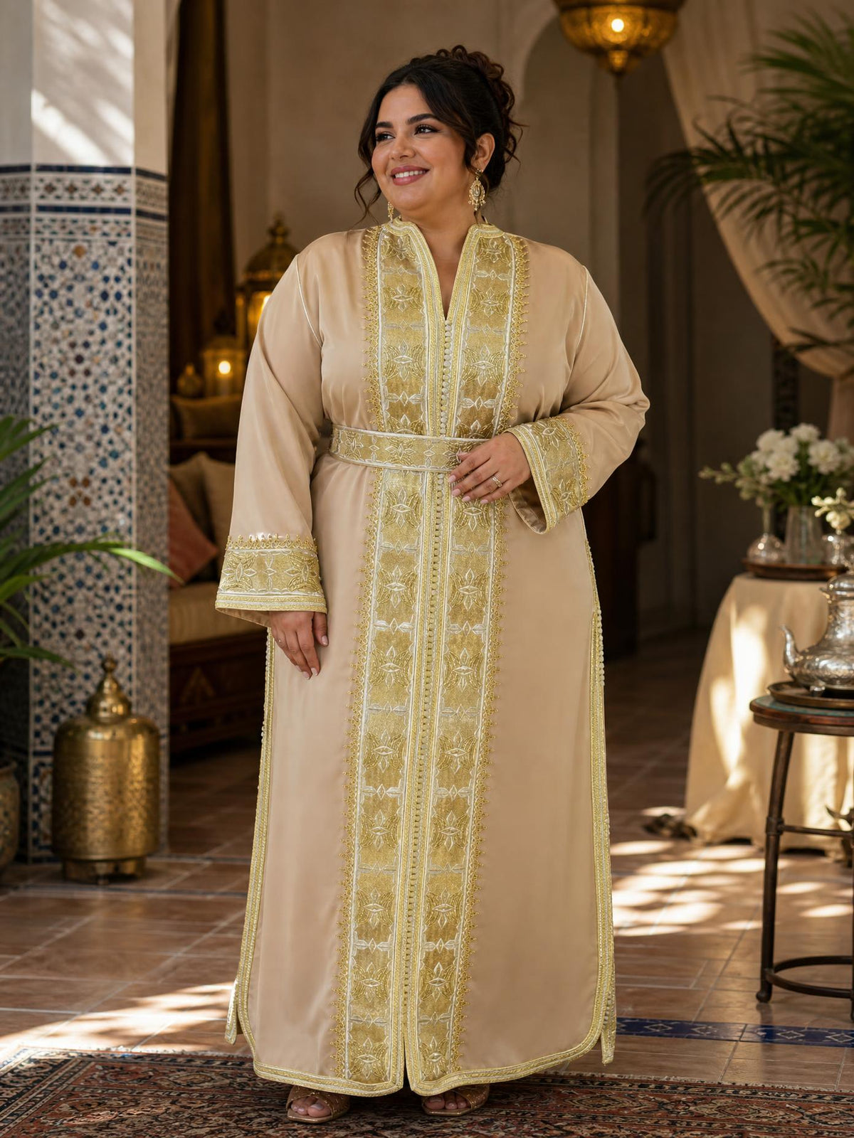Darine Beige Kaftan – Handcrafted Moroccan Dress \u2014 plus-size model