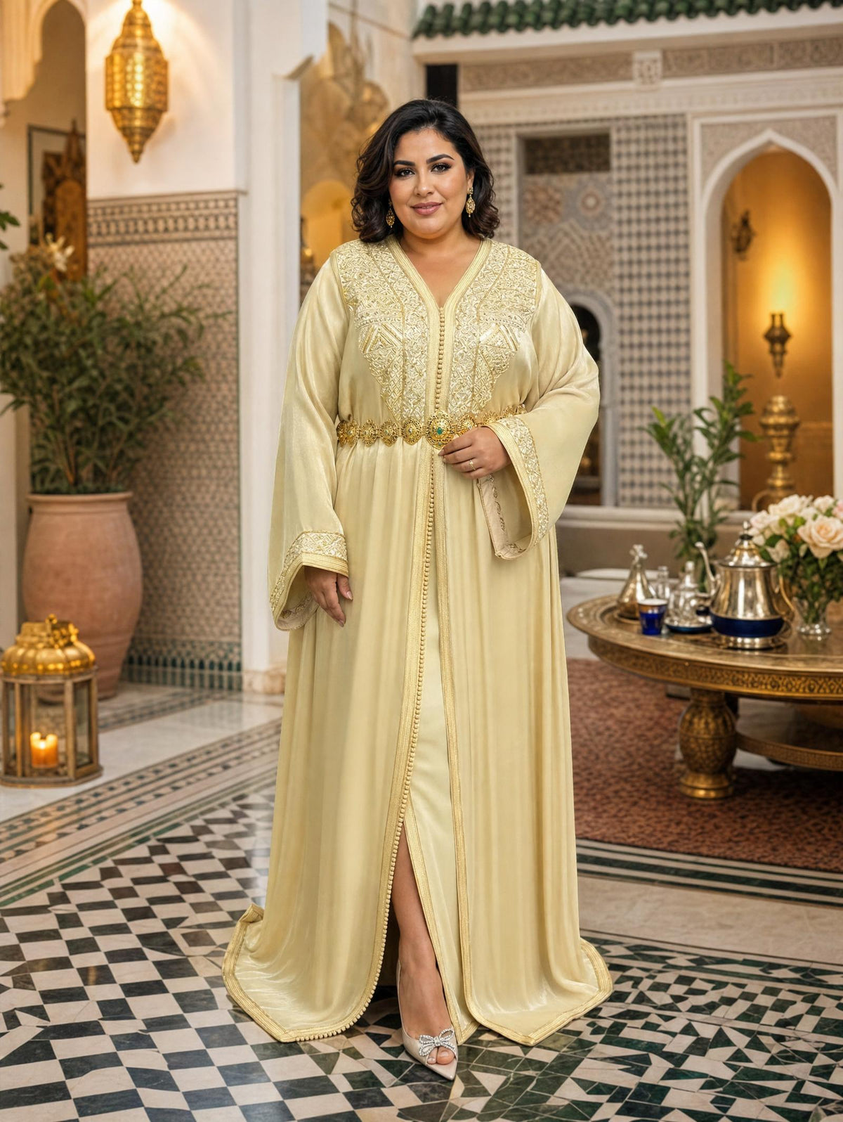 Fotoun Gold Takchita – Tweedelige Marokkaanse Ceremoniejurk — plus-size model