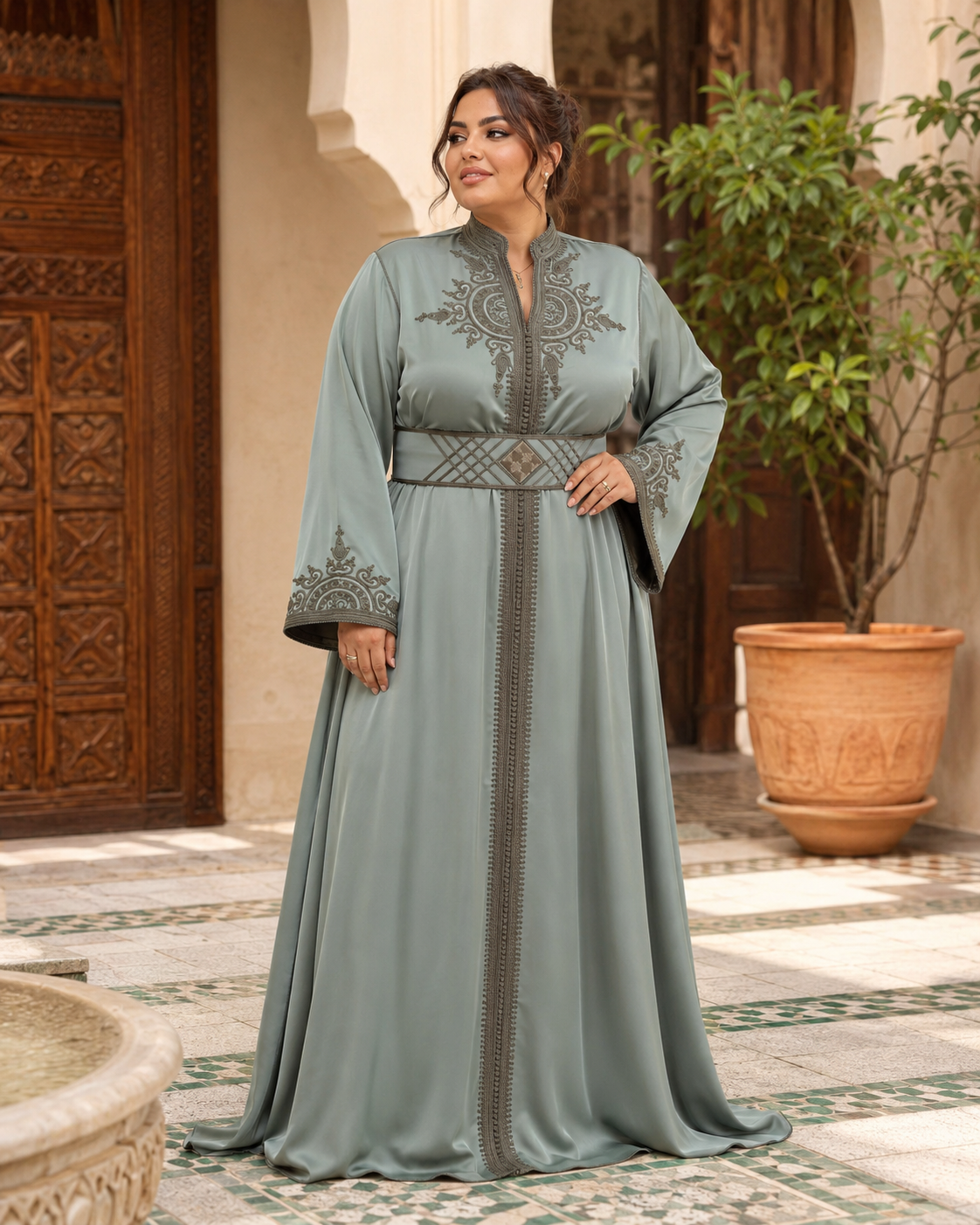 Hoyam Grijze Kaftan – Handgemaakte Marokkaanse Jurk — plus-size model