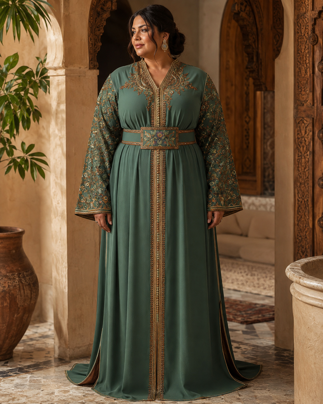 Nariman Groene Kaftan – Handgemaakte Marokkaanse Jurk — plus-size model
