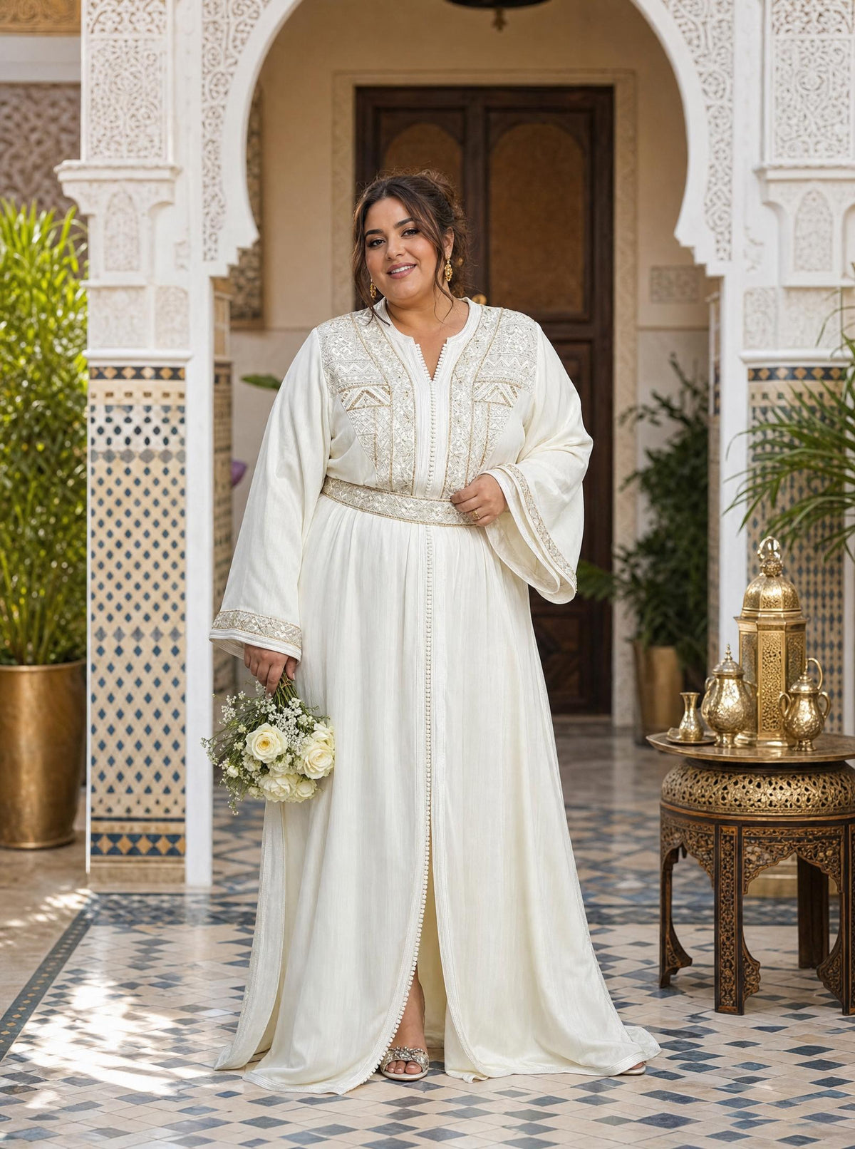 Nirmine White Takchita – Tweedelige Marokkaanse Ceremoniejurk — plus-size model