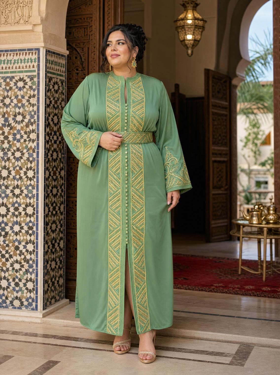 Sirina Groene Kaftan – Handgemaakte Marokkaanse Jurk — plus-size model