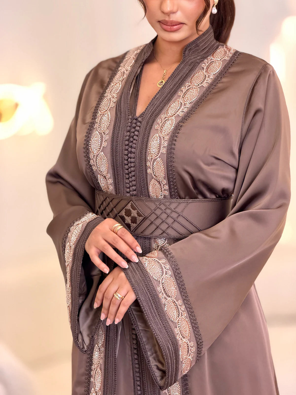 Warda Brown Takchita – Two-Piece Moroccan Ceremonial Dress – full length view